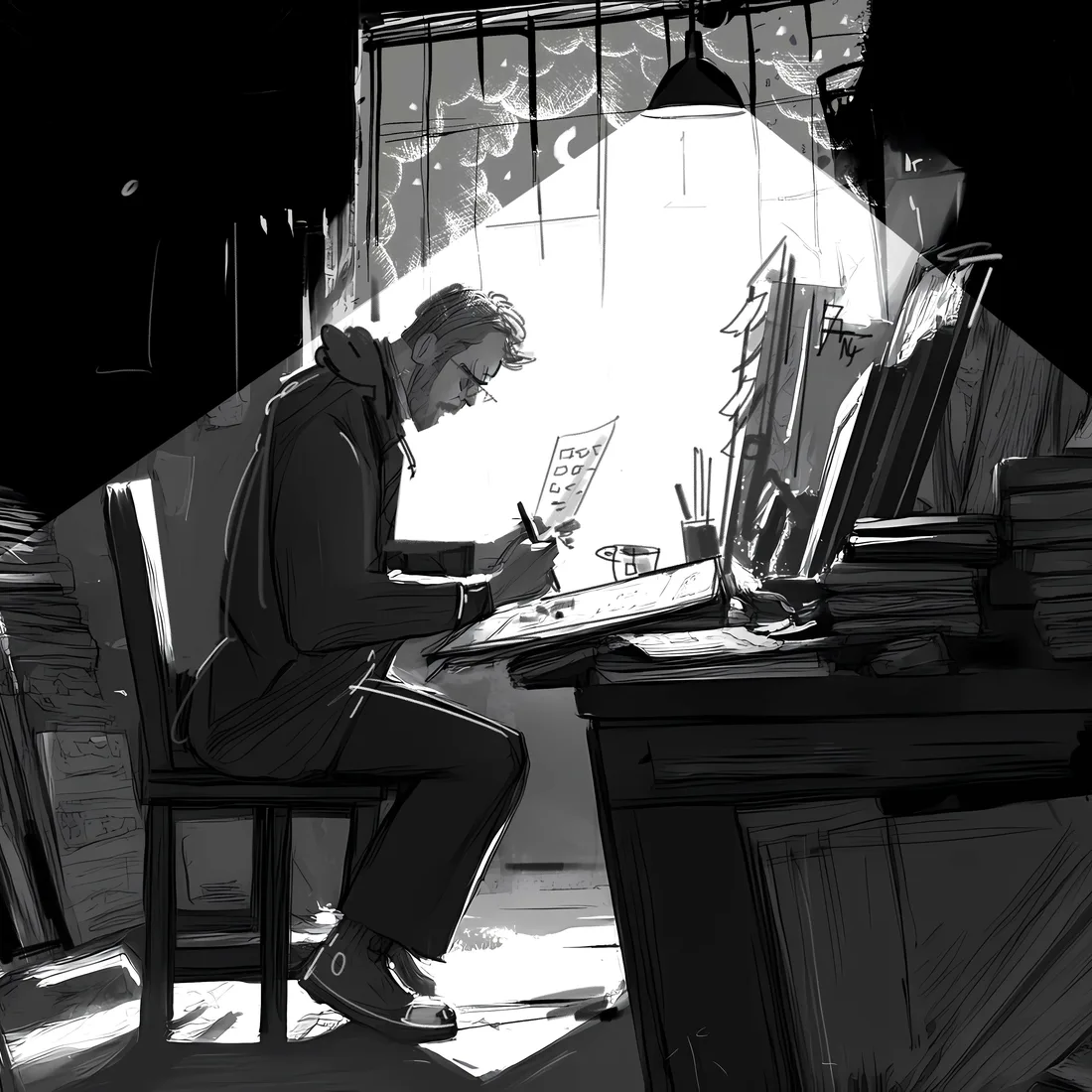 Mitch – freelance storyboard artist UK, illustrating storyboards at the studio drawing desk