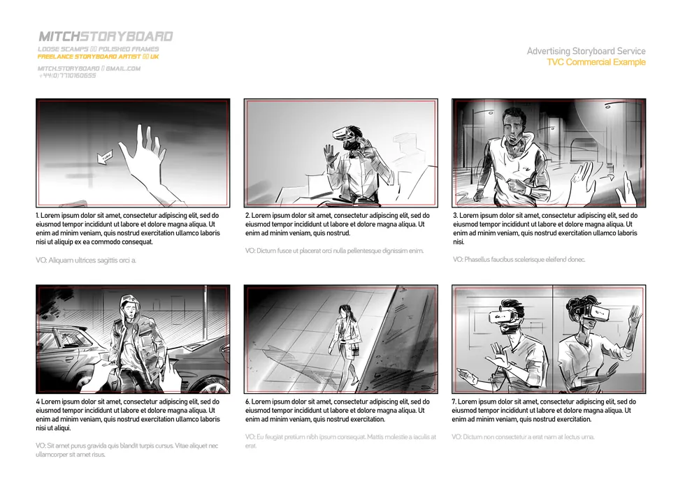 advertising storyboard design – full-page multi-panel storyboard sequence by Storyboard-Artist.co.uk