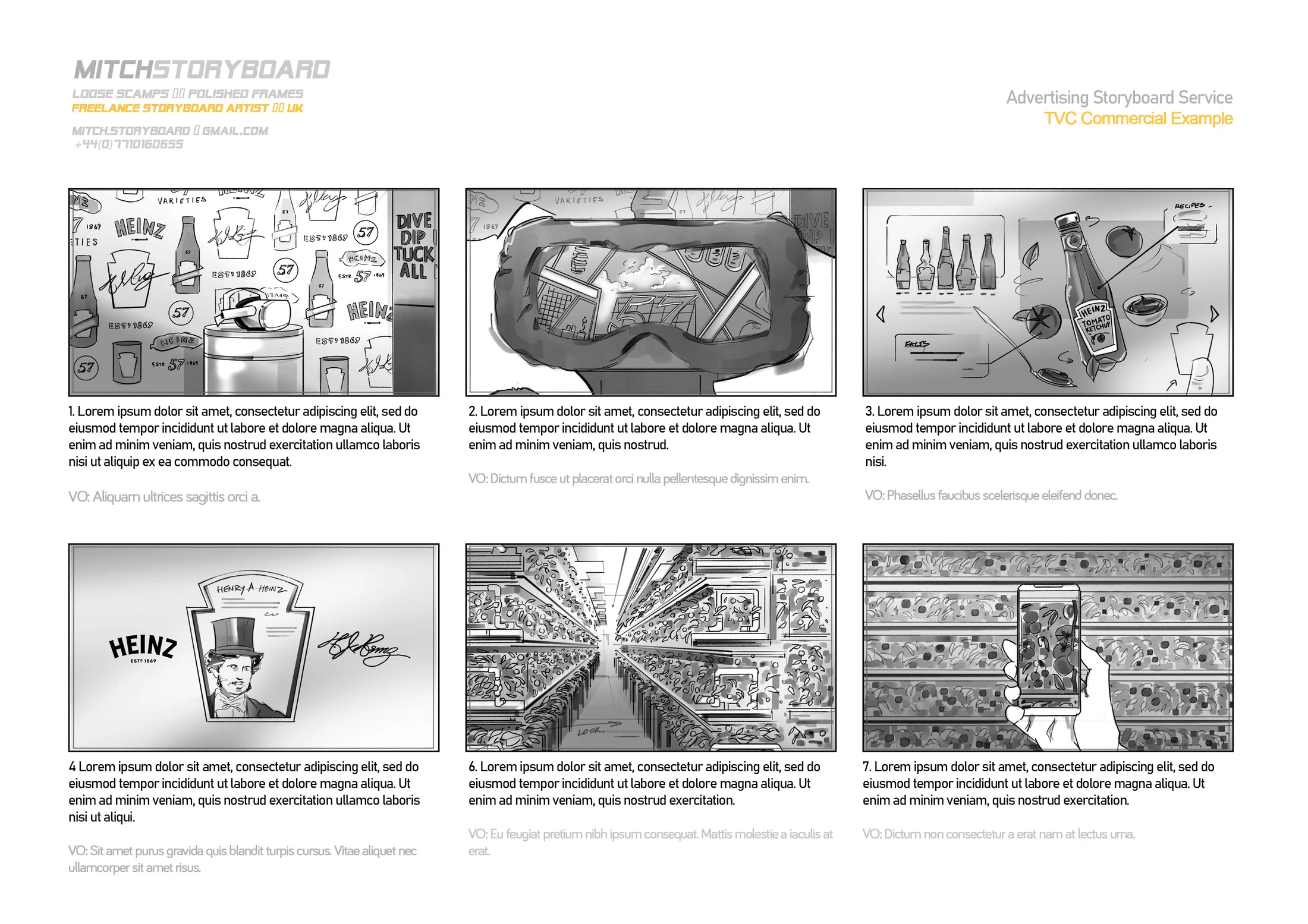 full page storyboard layout – cinematic scene breakdown by a UK storyboard artist (page 7)