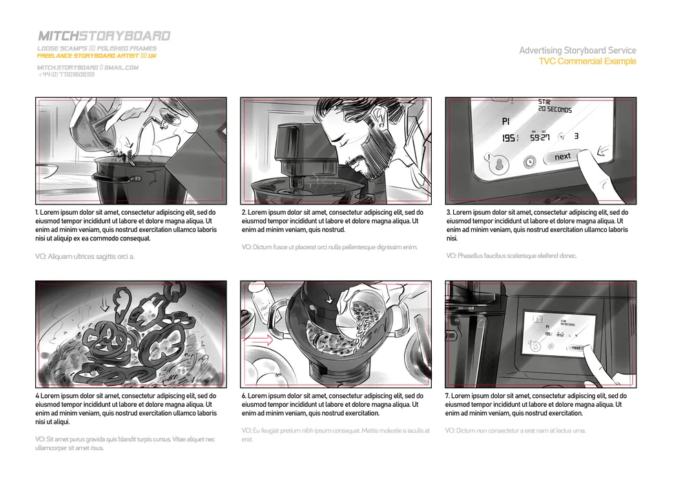 branded content storyboard artist – full-page multi-panel storyboard sequence by Storyboard-Artist.co.uk
