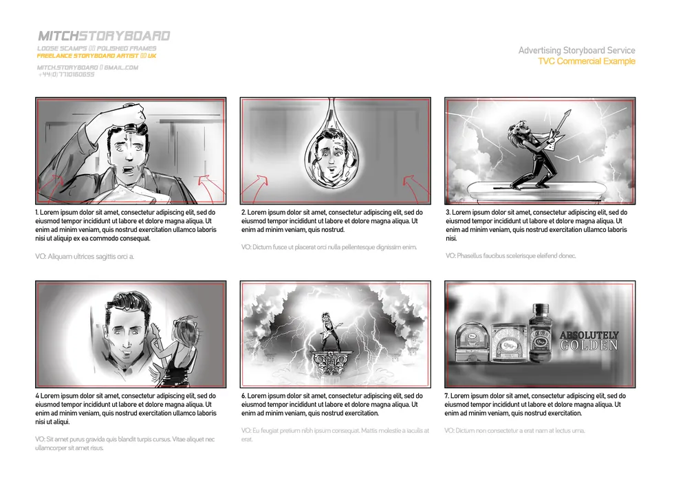 TV commercial storyboard artist – full-page multi-panel storyboard sequence by Storyboard-Artist.co.uk