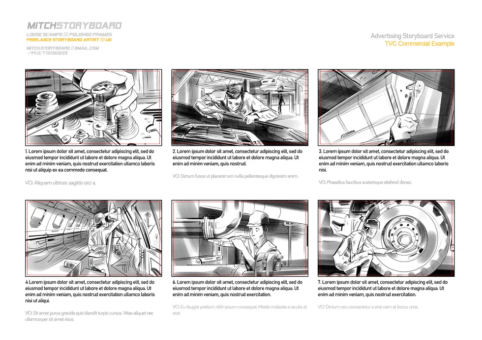storyboard concept art – full-page multi-panel storyboard sequence by Storyboard-Artist.co.uk