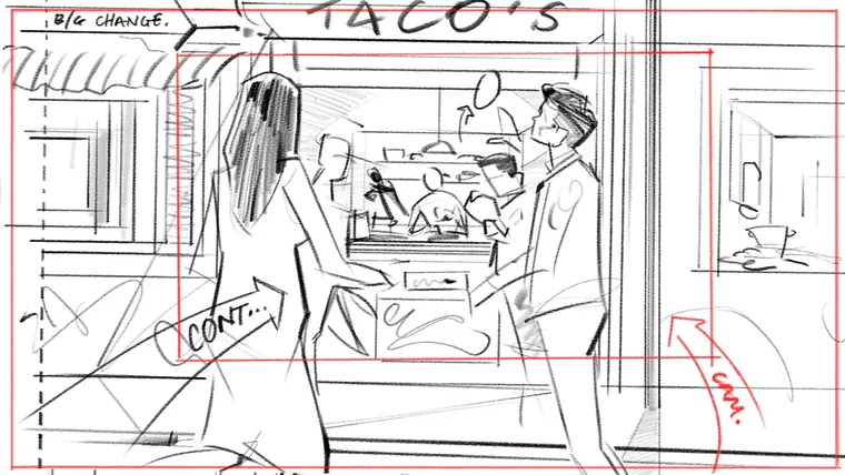 cinematic storyboard illustration – black and white line storyboard sketch by Storyboard-Artist.co.uk