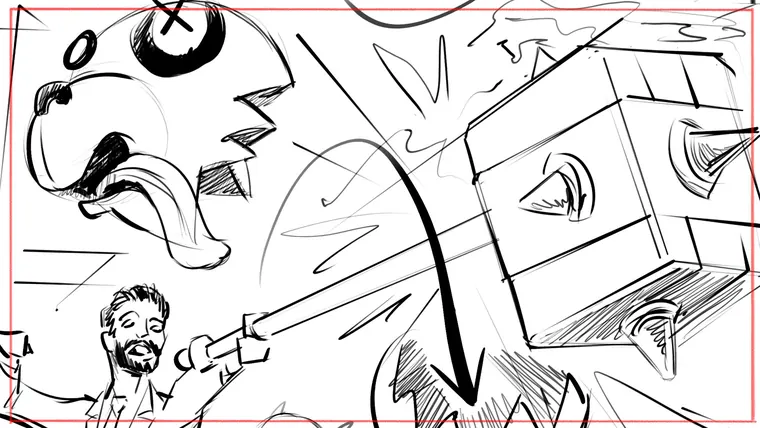 branded content storyboard artist – black and white line storyboard sketch by Storyboard-Artist.co.uk